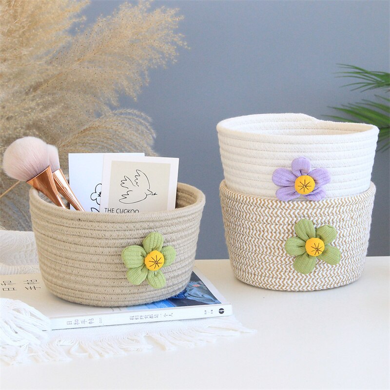 INS Flower Cotton Rope Storage Baskets Woven Desktop Sundries Kids Toys Organizer Box Baby Dirty Clothes Laundry Basket Hamper - Provence Home Living Store