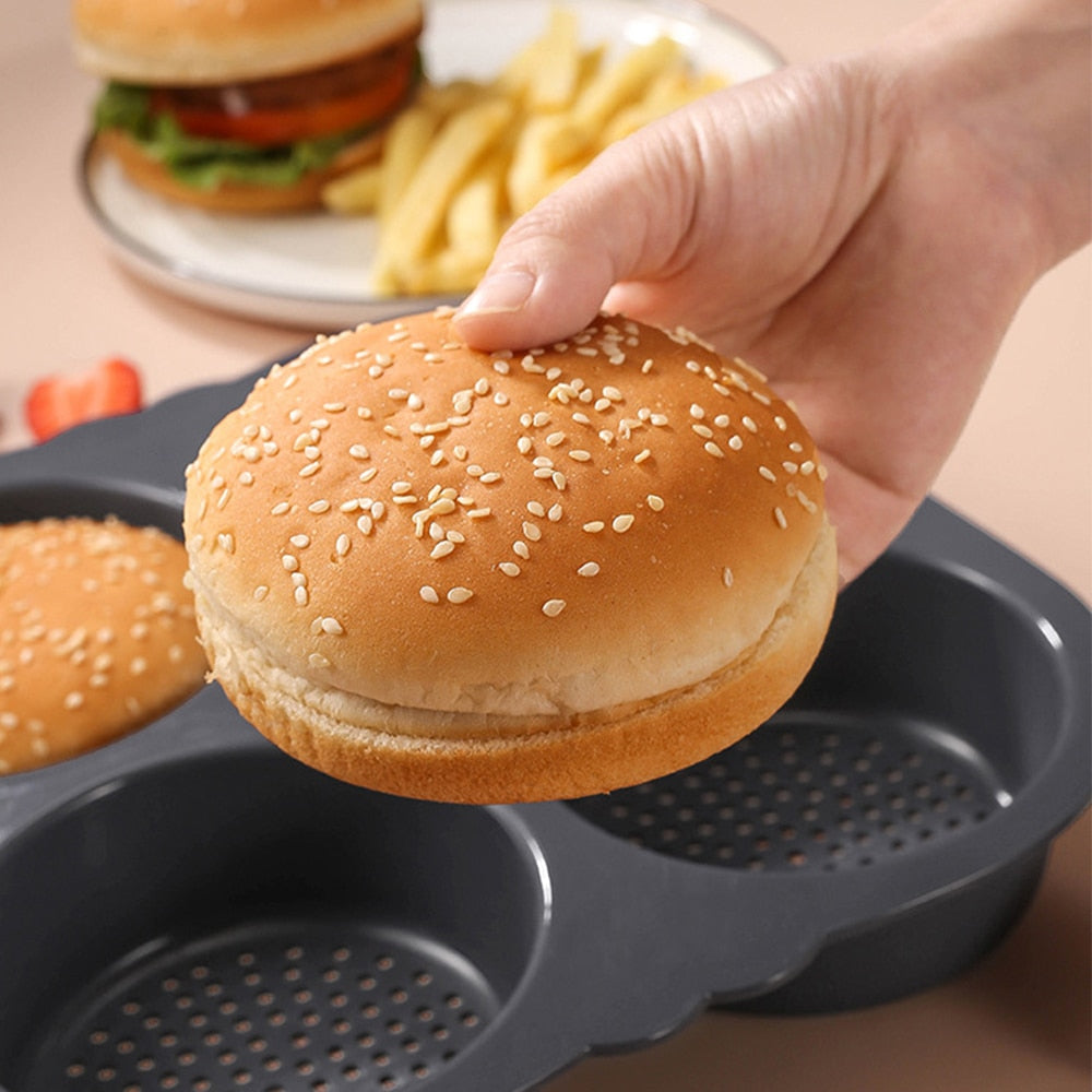 Silicone Hamburger Bun Mold 4 Cavity Loaf Pan Non Stick Baking Moulds Muffin Cake Pastry Pan Tray Kitchen Bakeware - Provence Home Living Store