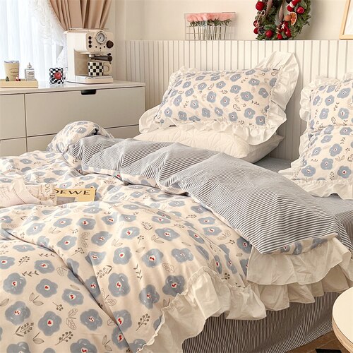 100% Cottom queen bedding set Romantic printed rose ruffle pink bedding set princess home textile linen bed sheet set twin size - Provence Home Living Store