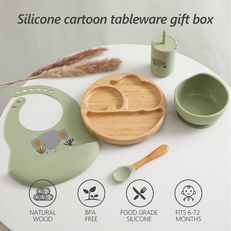 Silicone Baby Feeding Set Baby Feeding Supplies Kids Bamboo Dinnerware With Cup Children&#39;s Dishes Bowl Stuff Tableware Gifts Set - Provence Home Living Store