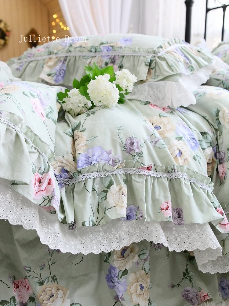 New American Floral bedding set 80 count quality cotton bedding elegant ruffle lace duvet cover set queen size bedding linens - Provence Home Living Store