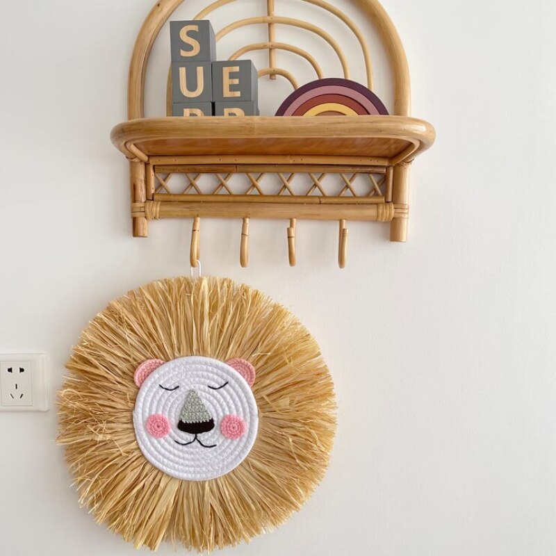 INS Nordic Handmade Lion Wall Decor Cotton Thread Straw Woven Animal Head Wall Hanging Ornament for Nursery Baby Room Decoration - Provence Home Living Store