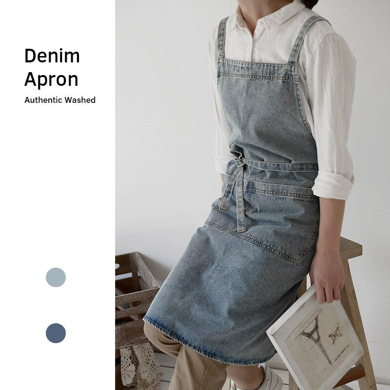 100% Cotton Denim Apron Thicken Canvas Anti Fouling Home Kitchen Restaurant Korean Pinafore Flower Coffee Store Waist - Provence Home Living Store