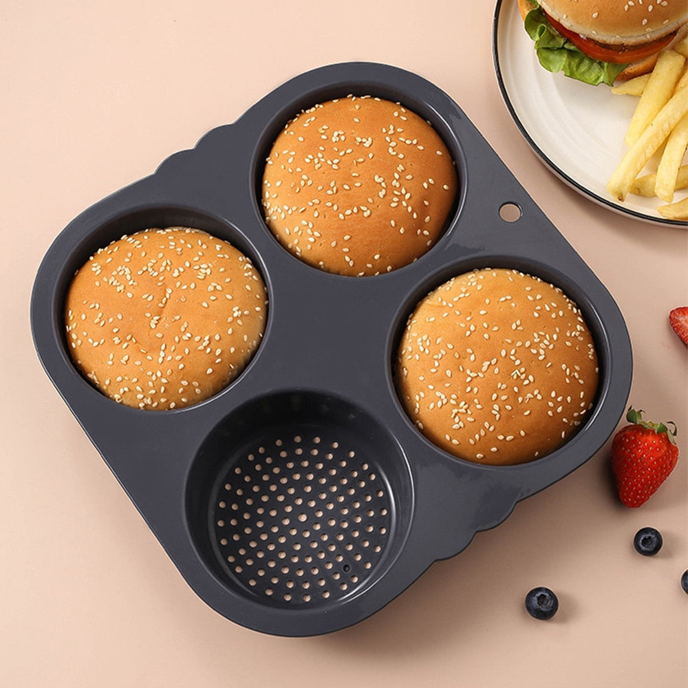 Silicone Hamburger Bun Mold 4 Cavity Loaf Pan Non Stick Baking Moulds Muffin Cake Pastry Pan Tray Kitchen Bakeware - Provence Home Living Store