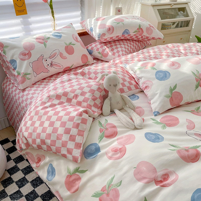 Pastoral Style Cotton Bedding Set Floral Bear Fitted Sheet Duvet Cover Pillowcase Fashion Cartoon Boy Girl Dormitory Bedclothes - Provence Home Living Store