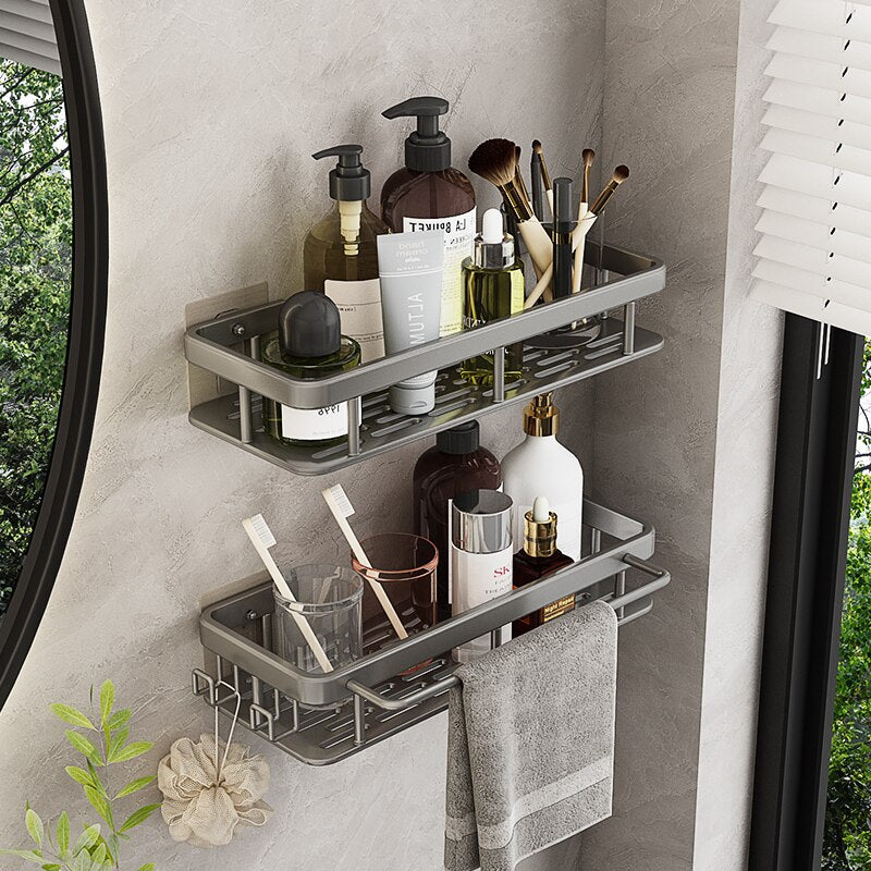 Adhesive Bathroom Shelf Organizer Rack Shower Storage Shelf Shelves Kitchen Toilet Storage for Bathroom Accessories Set Black - Provence Home Living Store