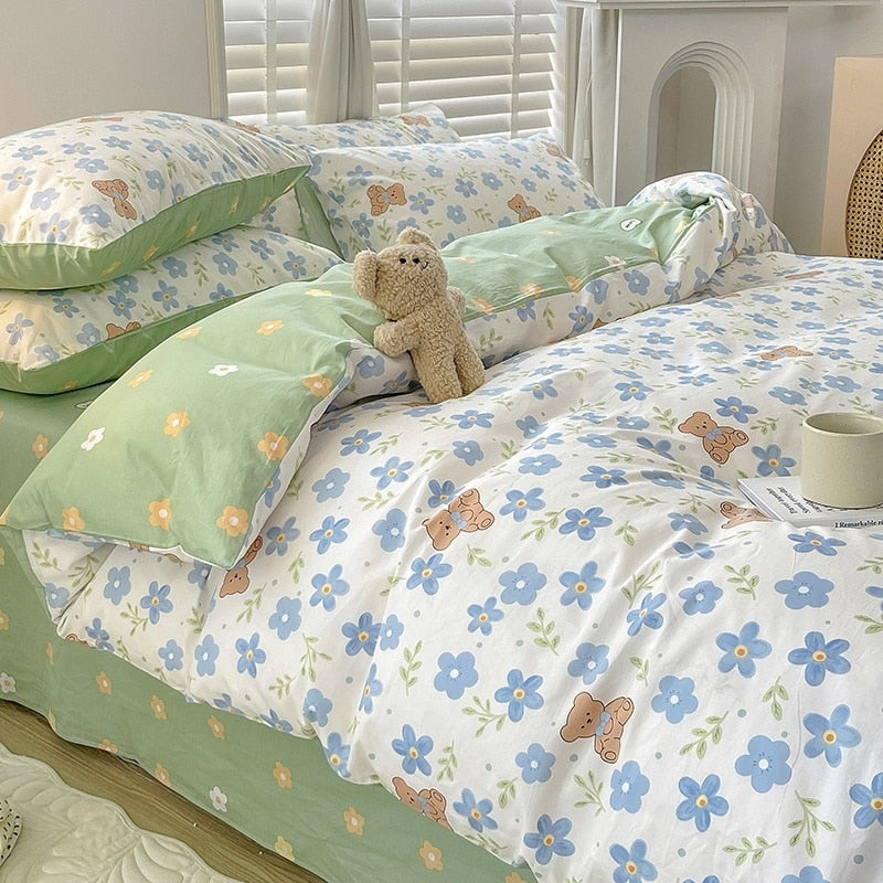 Pastoral Style Cotton Bedding Set Floral Bear Fitted Sheet Duvet Cover Pillowcase Fashion Cartoon Boy Girl Dormitory Bedclothes - Provence Home Living Store