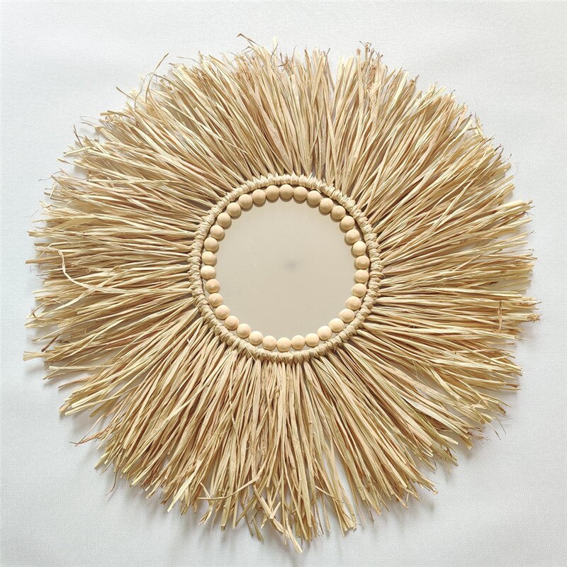 INS Nordic Round Woven Raffith Straw Mirror Moroccan Wood Beads Hanging Makeup Mirrors Wall Ornaments Homestay Home Decor Crafts - Provence Home Living Store