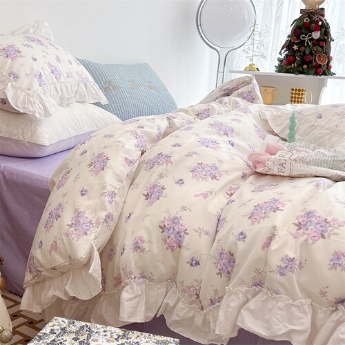 100% Cottom queen bedding set Romantic printed rose ruffle pink bedding set princess home textile linen bed sheet set twin size - Provence Home Living Store