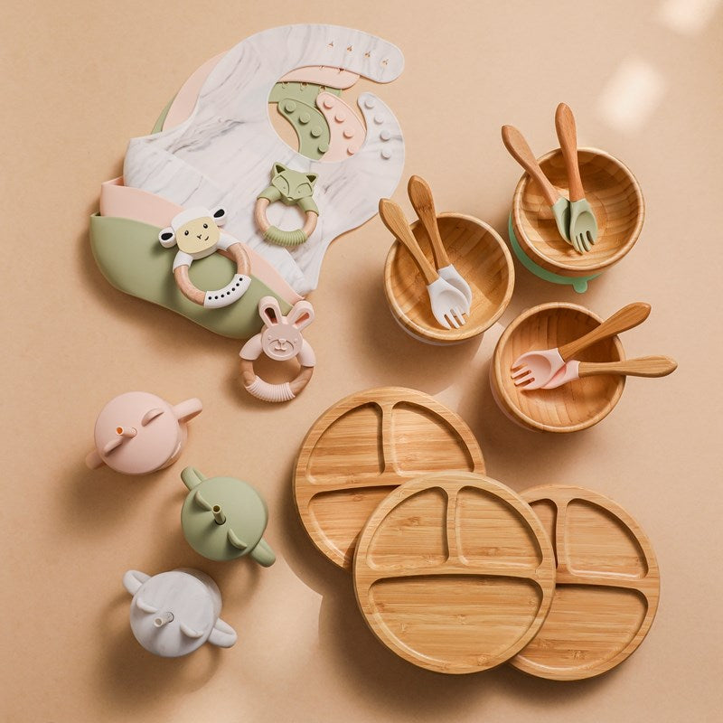 Silicone Baby Feeding Set Baby Feeding Supplies Kids Bamboo Dinnerware With Cup Children&#39;s Dishes Bowl Stuff Tableware Gifts Set - Provence Home Living Store