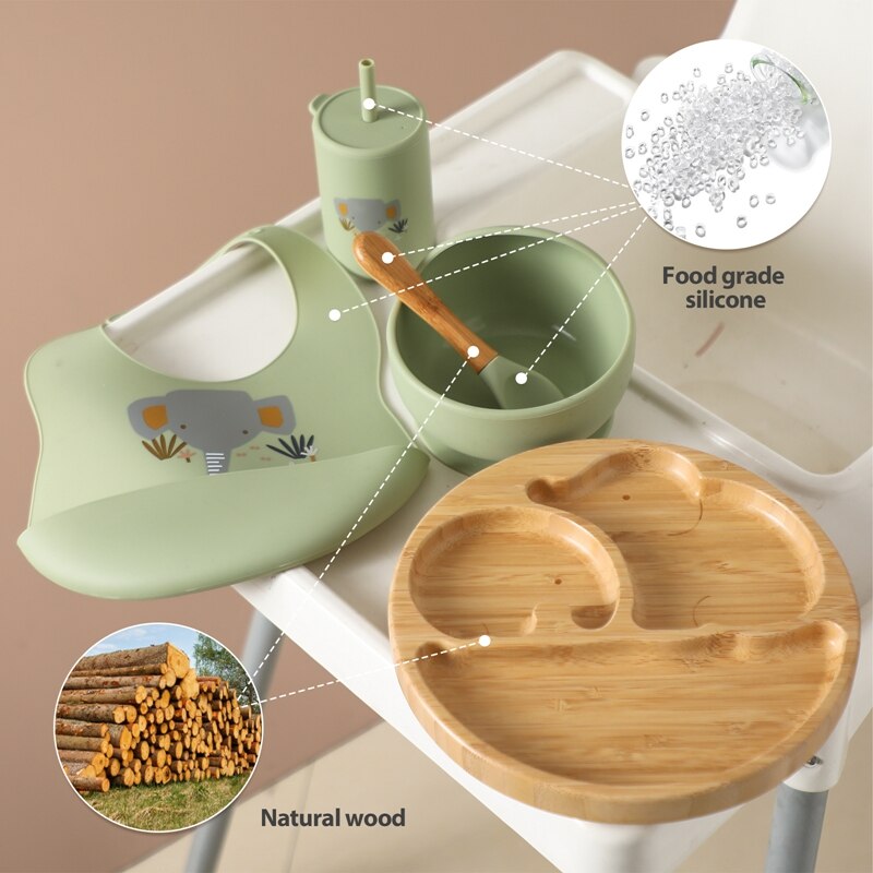 Silicone Baby Feeding Set Baby Feeding Supplies Kids Bamboo Dinnerware With Cup Children&#39;s Dishes Bowl Stuff Tableware Gifts Set - Provence Home Living Store