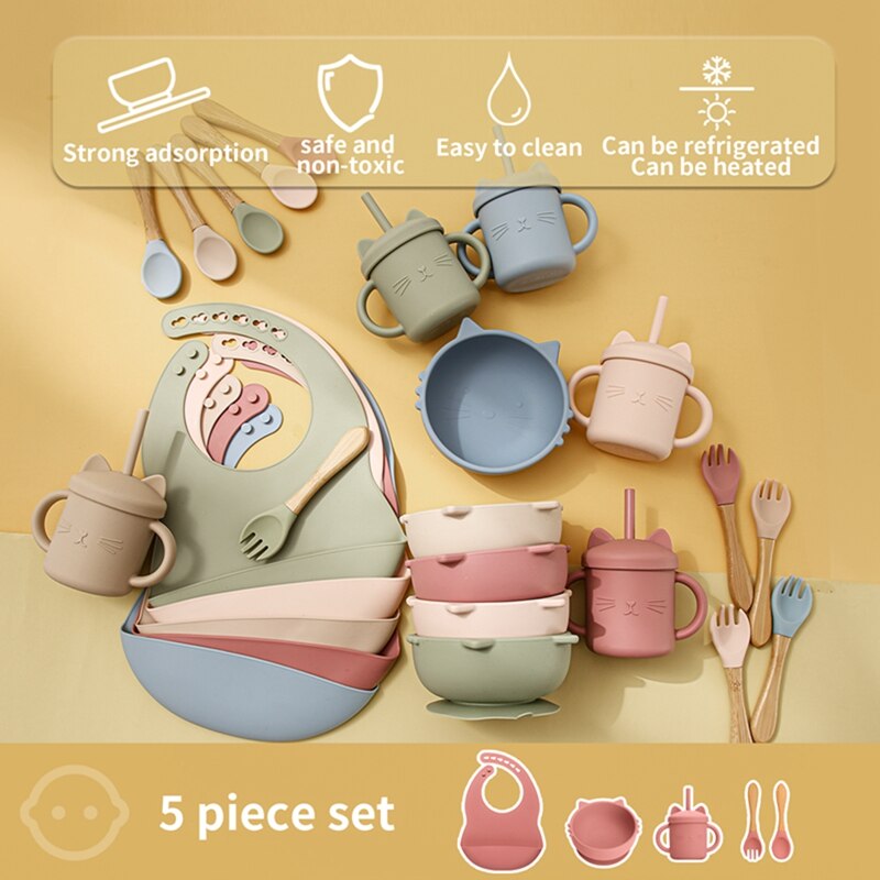 5 PCS Baby Soft Silicone Sucker Bowl Cup Bibs Spoon Fork Sets Non-slip Tableware Children&#39;s Feeding Dishes BPA Free - Provence Home Living Store