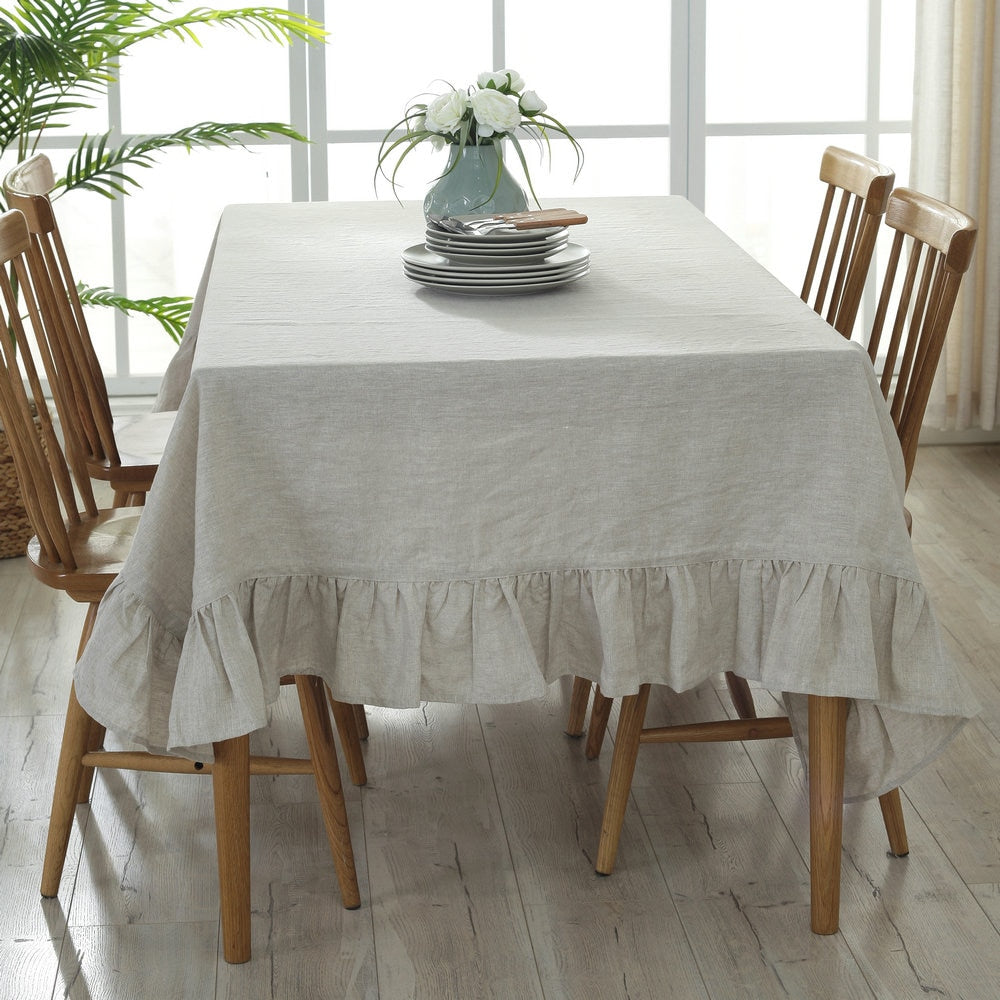 100% Pure Linen Ruffles Table Cover,Natural Fabric Flounce Tablecloth,for Kitchen Dining Party Holiday Fishtail Tabletop Decor - Provence Home Living Store