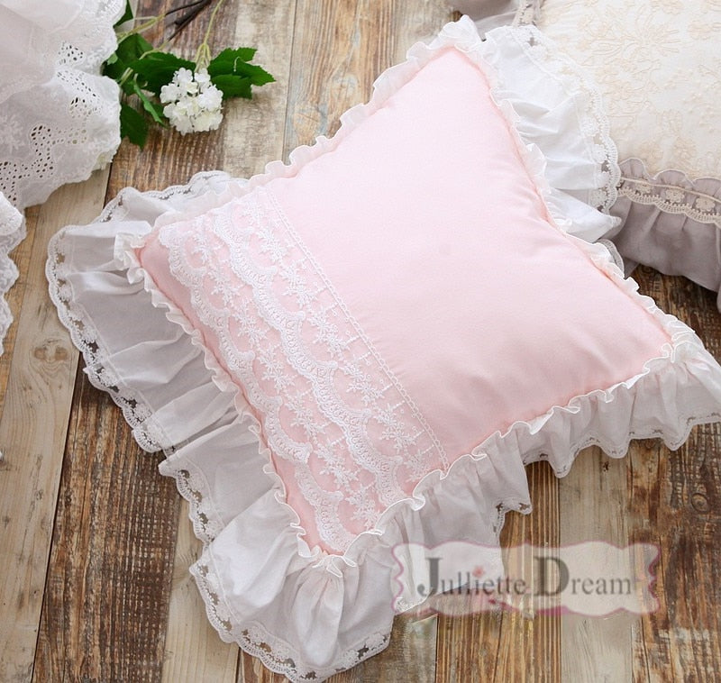 Sweet pink European embroidery cushion cover ruffle Lace cotton pillow cover cake layers princess elegant bedding pillow case - Provence Home Living Store