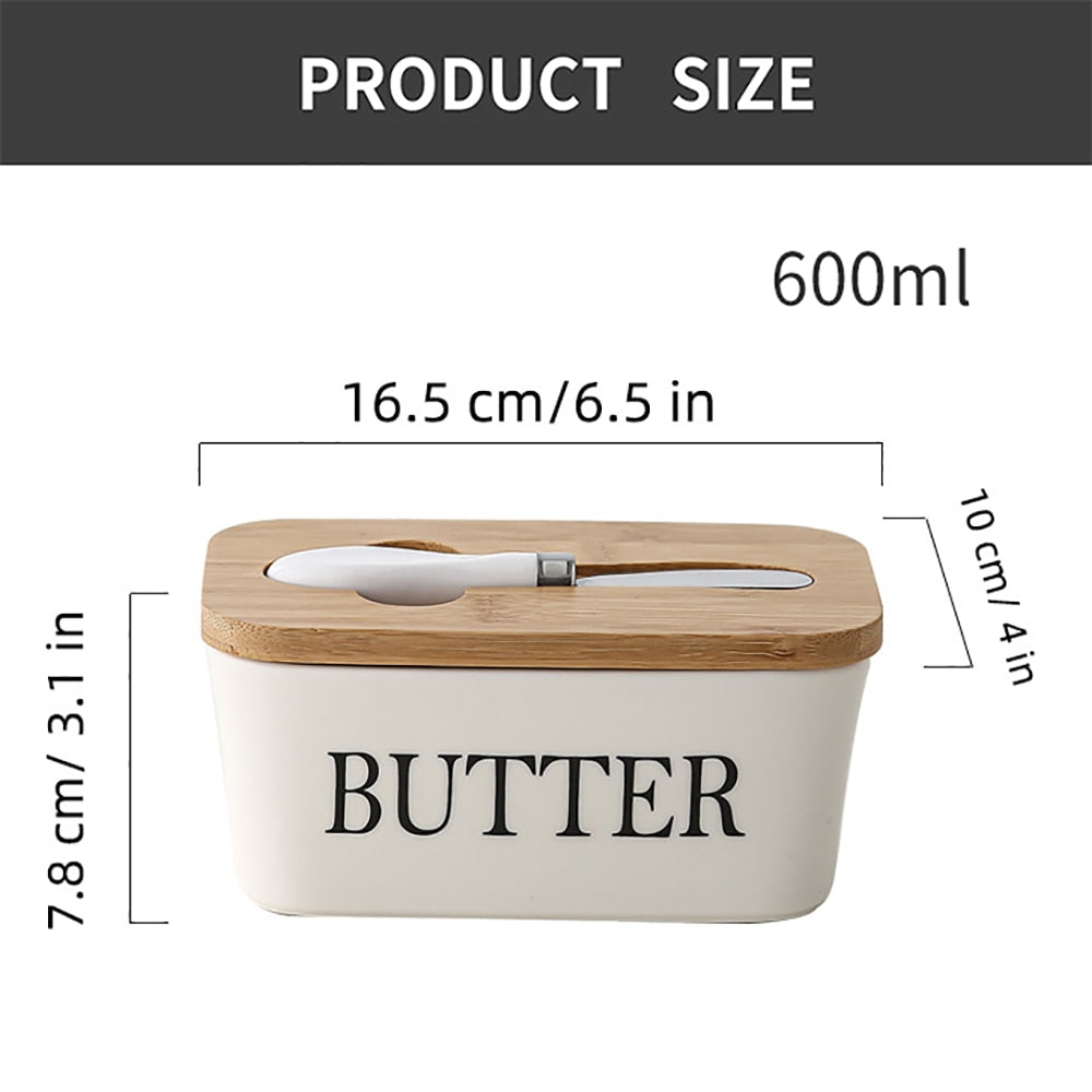 Ceramic Butter Sealing Box Nordic Butter Plate With Wood Lid And Knife Cheese Storage Tray Butter Dish Kitchen Storage Container - Provence Home Living Store