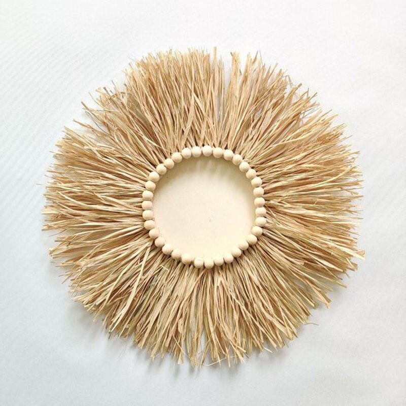 INS Nordic Round Woven Raffith Straw Mirror Moroccan Wood Beads Hanging Makeup Mirrors Wall Ornaments Homestay Home Decor Crafts - Provence Home Living Store