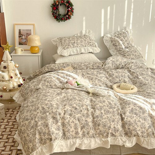 100% Cottom queen bedding set Romantic printed rose ruffle pink bedding set princess home textile linen bed sheet set twin size - Provence Home Living Store