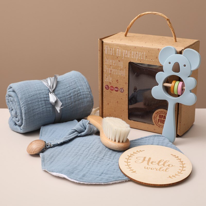 1set Baby Towel Birth Gift Set Double Sided Cotton Blanket Crochet Rattle Wooden Brush Milesto Brush Rattle Bracelet Birth Gifts - Provence Home Living Store