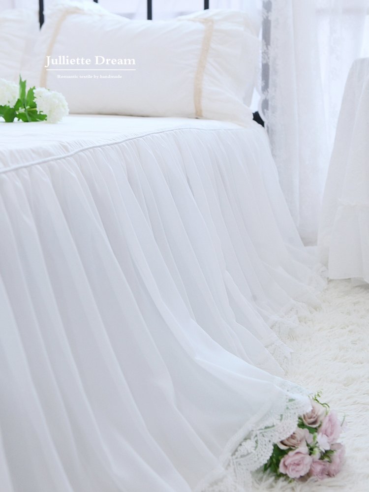 Super Romantic bed sheets double layers bed skirt White cotton bedspread with chiffon lace design mattress cover home bed linen - Provence Home Living Store