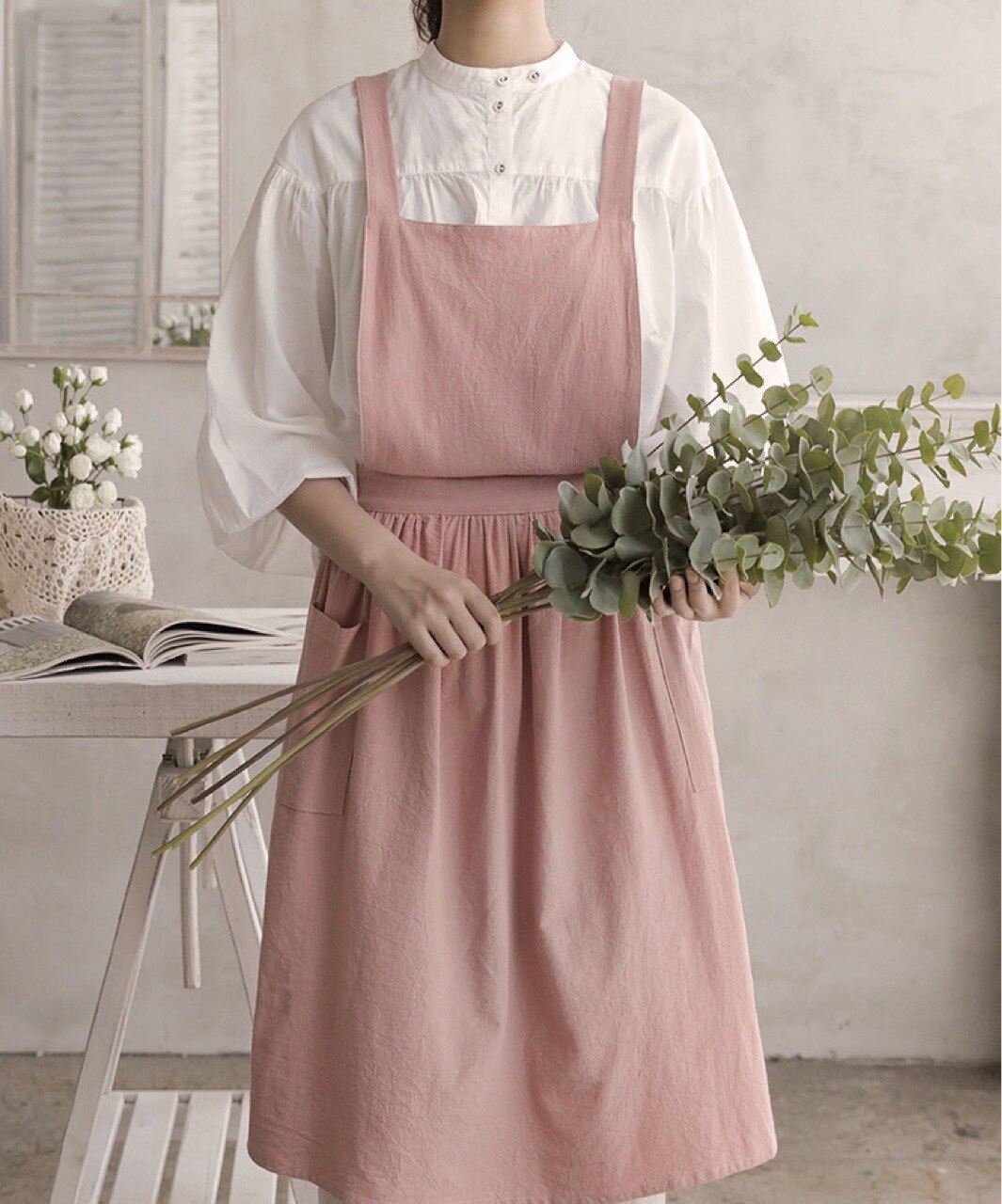 Solid Color Art Advertising Flower Shop Work Dress Cotton Apron Long Style Temperament Commuter Skirt Kawaii Kitchen Women - Provence Home Living Store