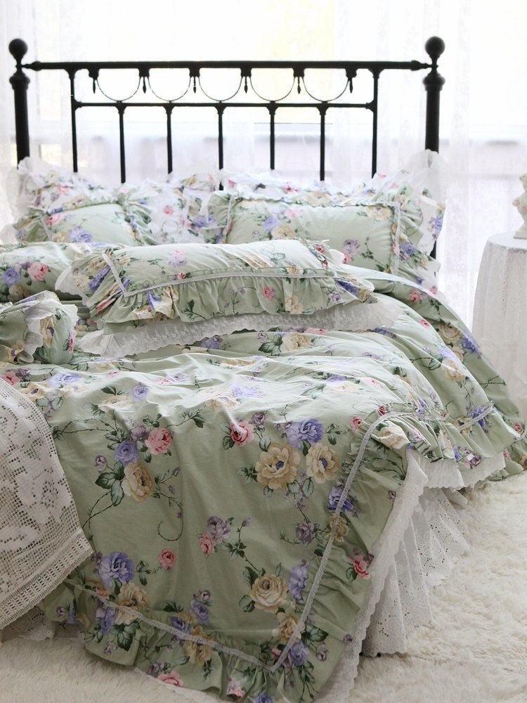 New American Floral bedding set 80 count quality cotton bedding elegant ruffle lace duvet cover set queen size bedding linens - Provence Home Living Store