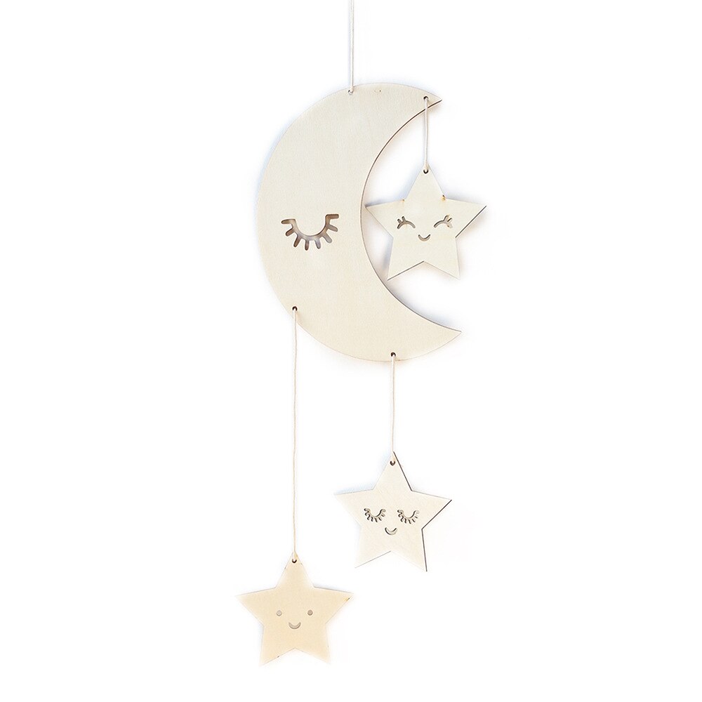 INS Nordic Wooden Moon Star Wall Hanging Pendant Wood Crafts Kids Room Decoration Ornament Baby Shower Nursery Decor Photo Props - Provence Home Living Store