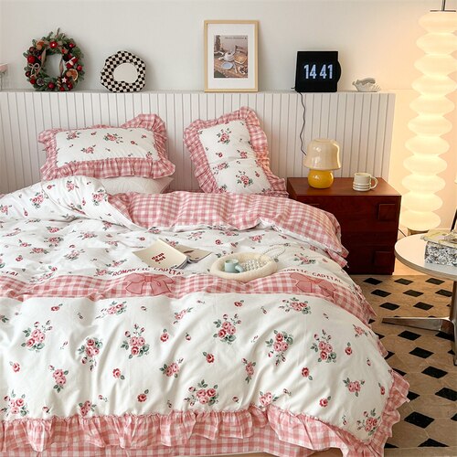 100% Cottom queen bedding set Romantic printed rose ruffle pink bedding set princess home textile linen bed sheet set twin size - Provence Home Living Store