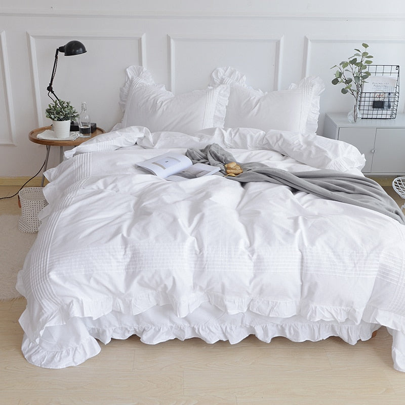 Super Sale white bedding set Elegant handmade Ruffle duvet cover set Princess Queen bed set Home bed sheet cotton pillowcases - Provence Home Living Store