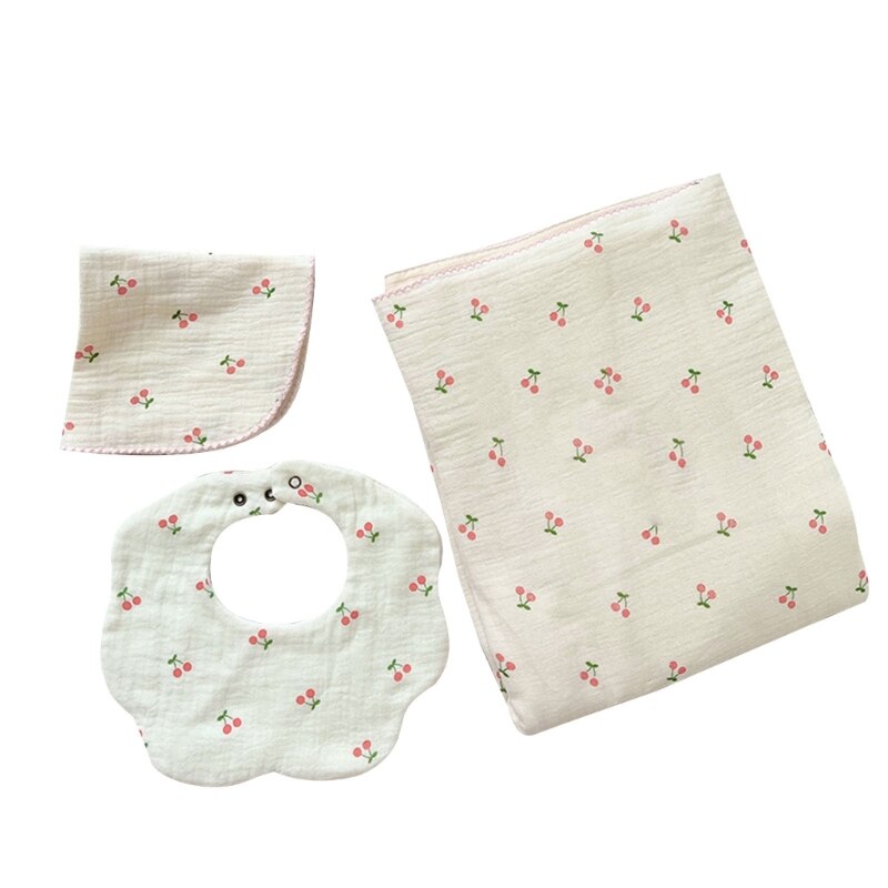 3 Pcs Cotton Muslin Baby Blanket+Square Face Towel+Baby Bib Soft Cartoon Newborn Swaddle Wrap Bath Towel Kids Receiving Blanket - Provence Home Living Store