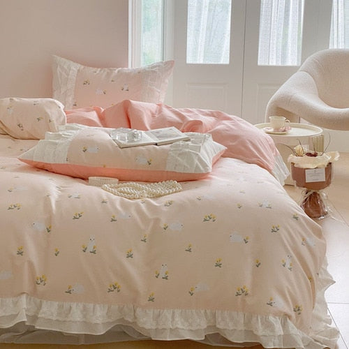 Dobby Print ruffle lace bedding set floral gentle cotton queen bedding set simple bed sheets quilt cover bedding princess linen - Provence Home Living Store