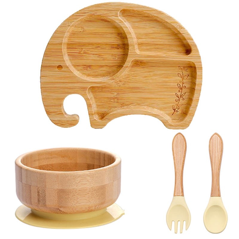 4pcs Children&#39;s Tableware Suction Plate Bowl Baby Dishes Baby Feeding Dishes Spoon Fork Sets Bamboo Plate for Kids Tableware - Provence Home Living Store