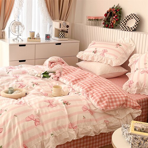 100% Cottom queen bedding set Romantic printed rose ruffle pink bedding set princess home textile linen bed sheet set twin size - Provence Home Living Store