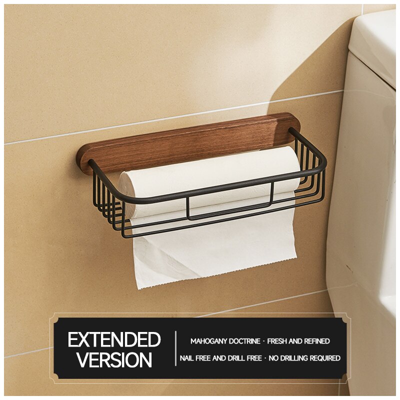 Luxury Toilet Paper Holder Wooden+ Metal Wall Mounted Bathroom Storage Shelf  Paper Holders Punch-Free Tissue Box Phone Holder - Provence Home Living Store