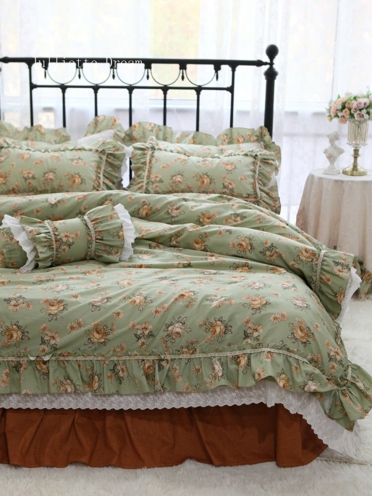 Luxury French design bedding set Floral Retro American Countryside Ruffle Lace King size bedding sets Cotton Bed duvet cover Set - Provence Home Living Store