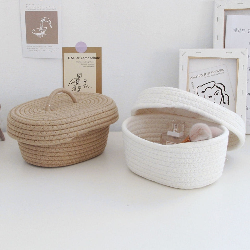 Nordic Cotton Rope Woven Storage Baskets Organize Boxs Desktop Sundries Organizer Sundries Key Cosmetics Storage Basket With Lid - Provence Home Living Store