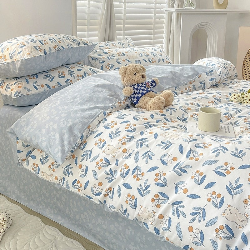 Pastoral Style Cotton Bedding Set Floral Bear Fitted Sheet Duvet Cover Pillowcase Fashion Cartoon Boy Girl Dormitory Bedclothes - Provence Home Living Store