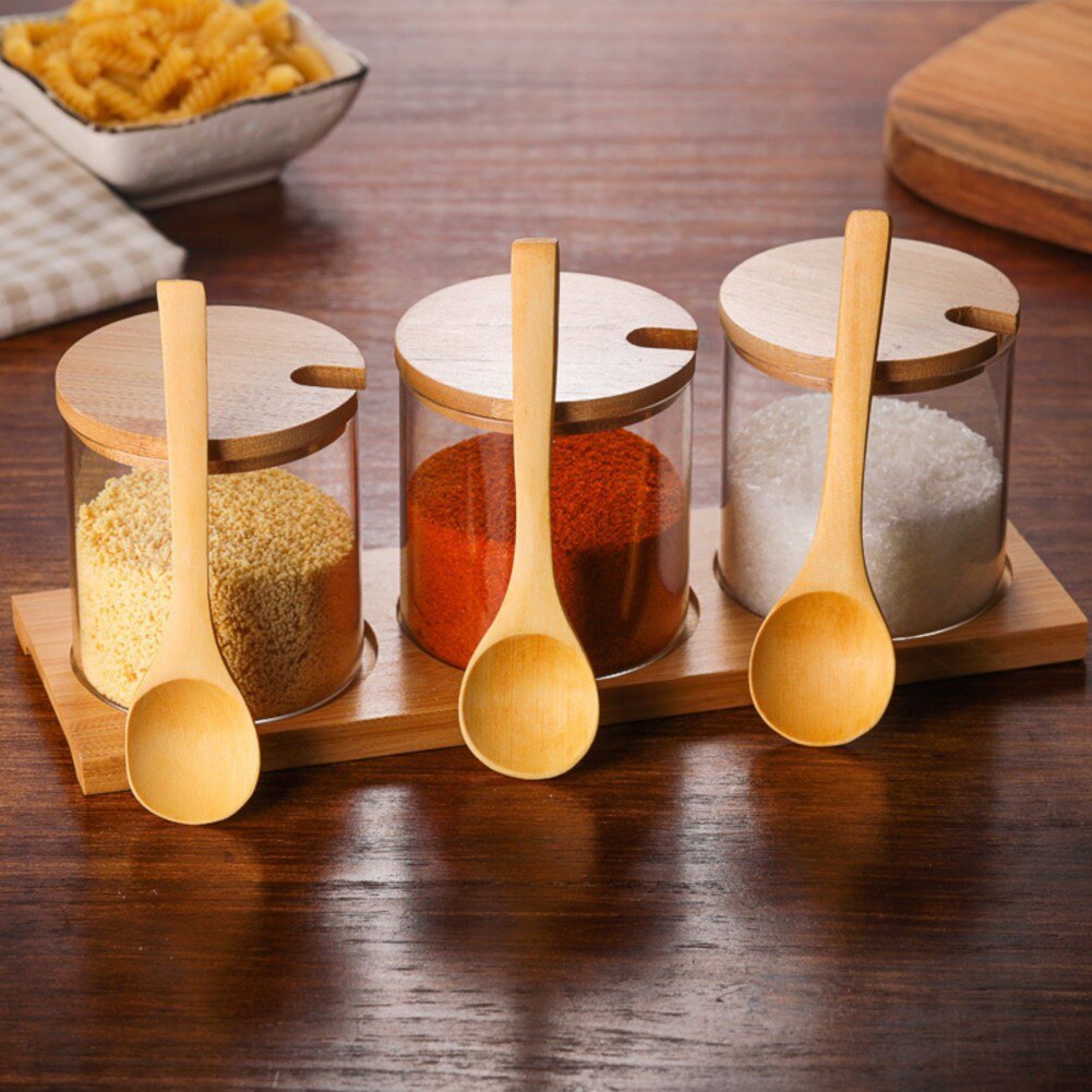 Kitchen Glass Spice Jar Home Pepper Sugar Salt Storage Container Condiment Jar With Bamboo Lid And Spoon Kitchen Accessories - Provence Home Living Store