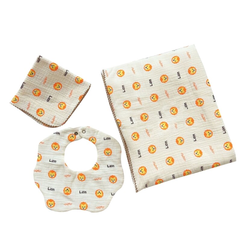 3 Pcs Cotton Muslin Baby Blanket+Square Face Towel+Baby Bib Soft Cartoon Newborn Swaddle Wrap Bath Towel Kids Receiving Blanket - Provence Home Living Store