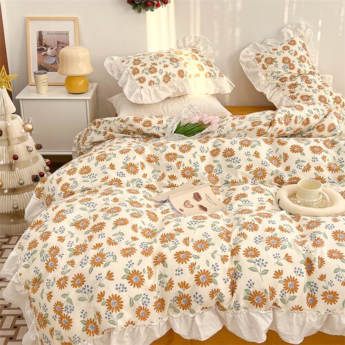 100% Cottom queen bedding set Romantic printed rose ruffle pink bedding set princess home textile linen bed sheet set twin size - Provence Home Living Store