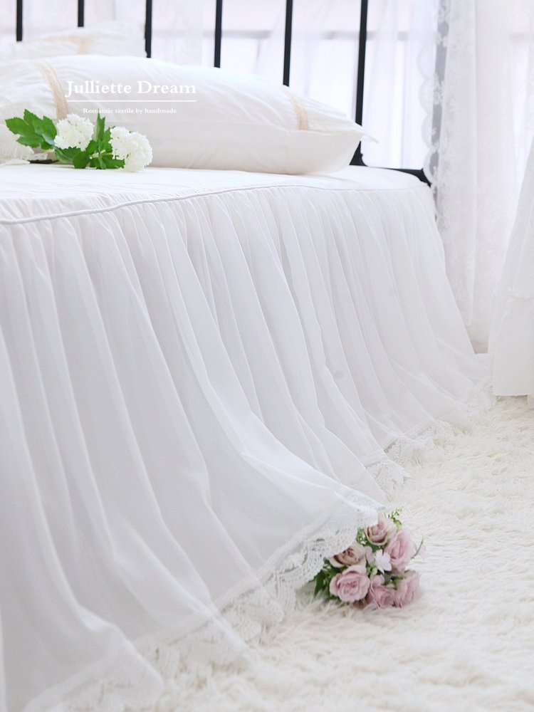 Super Romantic bed sheets double layers bed skirt White cotton bedspread with chiffon lace design mattress cover home bed linen - Provence Home Living Store