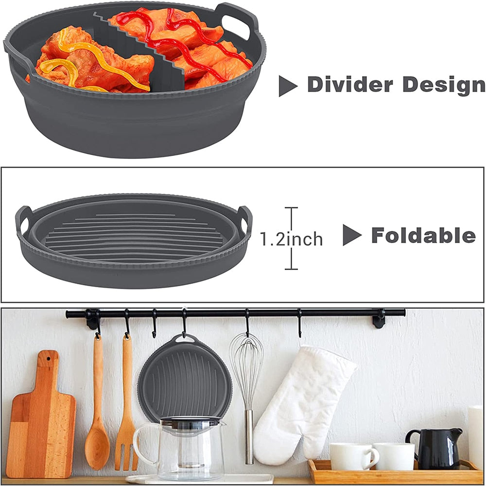 Air Fryer Silicone Basket With Divider 21.5 CM/8.5 Inch Round Reusable Foldable Non-Stick Air Fryer Mold Liner Accessories - Provence Home Living Store