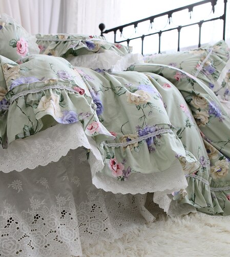 New American Floral bedding set 80 count quality cotton bedding elegant ruffle lace duvet cover set queen size bedding linens - Provence Home Living Store