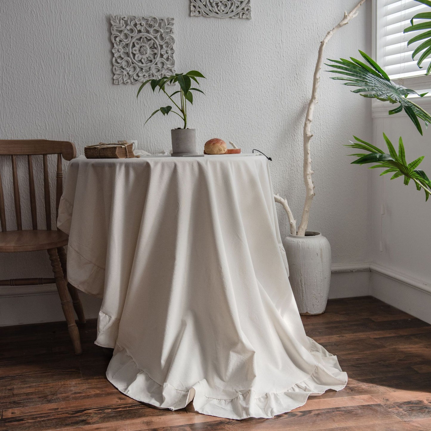 French Romantic Simple Ruffle Tablecloth Cotton Linen Table Cover American Round Tea Table Literary Retro Party Decoration - Provence Home Living Store