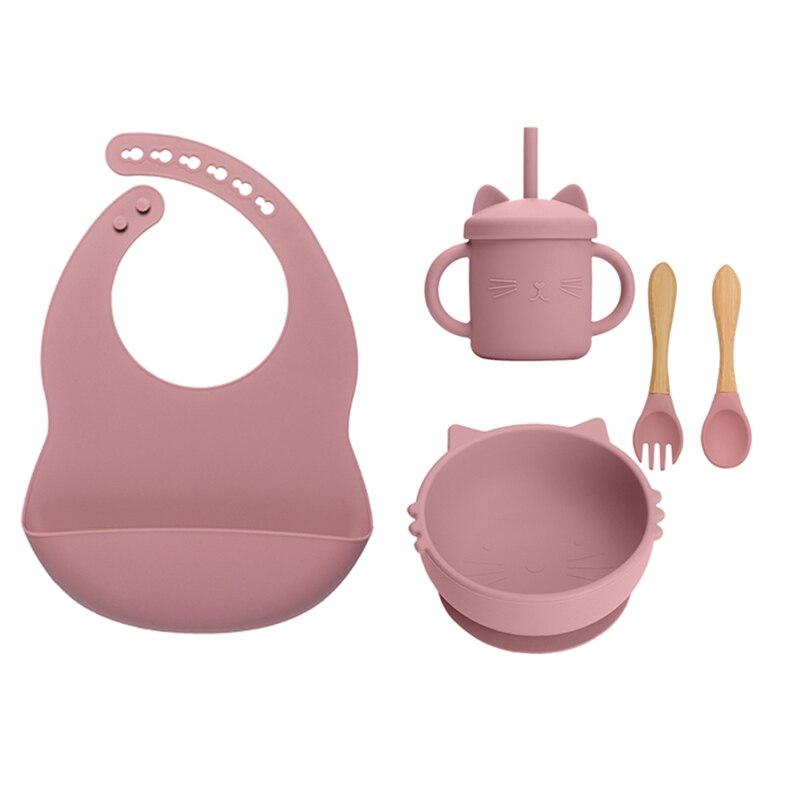 5 PCS Baby Soft Silicone Sucker Bowl Cup Bibs Spoon Fork Sets Non-slip Tableware Children&#39;s Feeding Dishes BPA Free - Provence Home Living Store