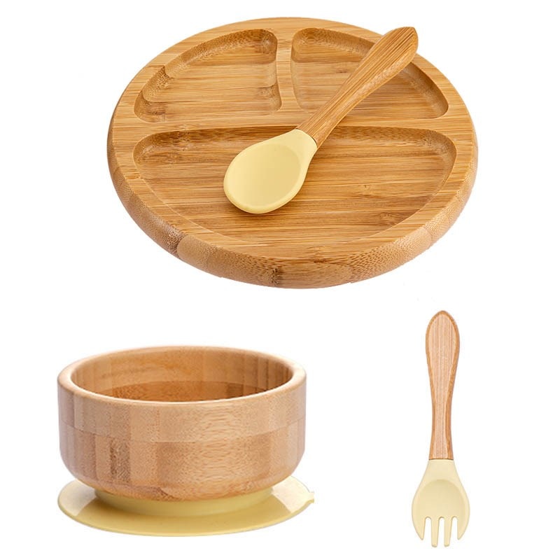 4pcs Children&#39;s Tableware Suction Plate Bowl Baby Dishes Baby Feeding Dishes Spoon Fork Sets Bamboo Plate for Kids Tableware - Provence Home Living Store