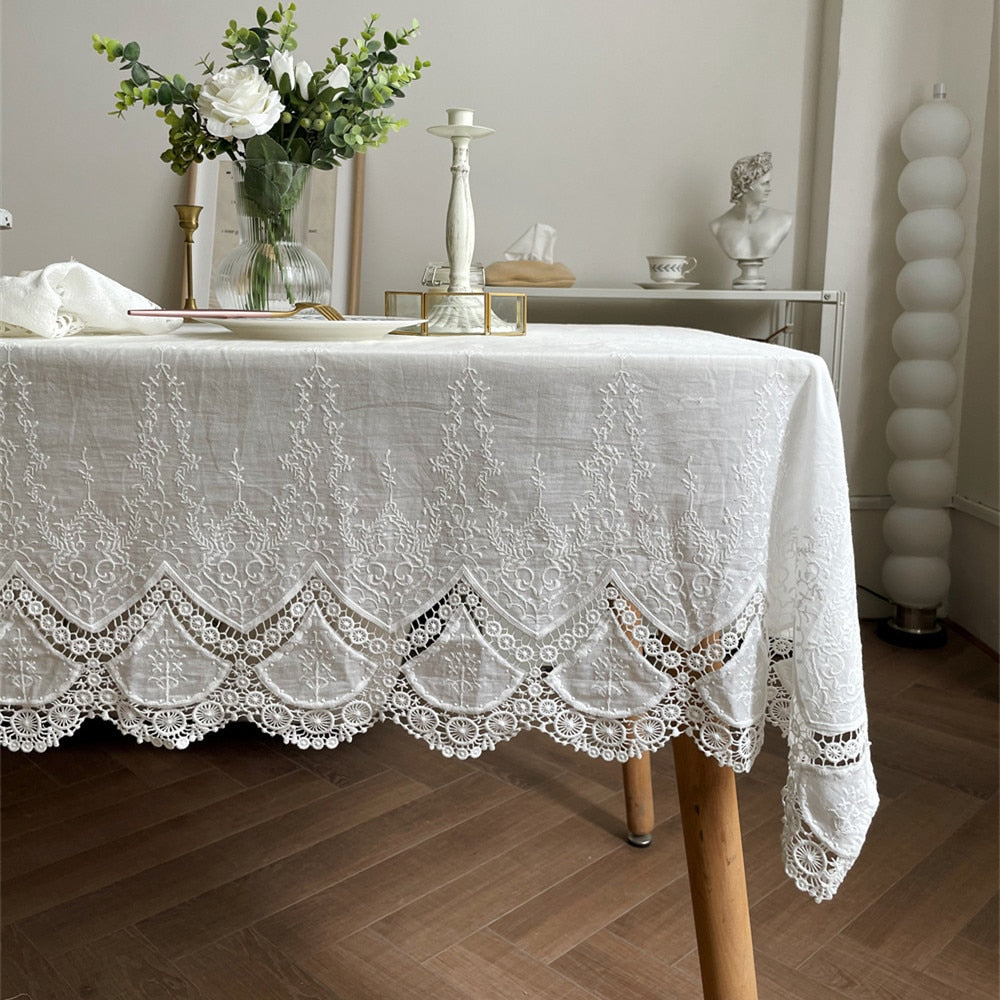 Luxurious Table Cover French White Lace Flower Embroidery Cotton 100% Tablecloth for Wedding Party Decoration Table Cloth - Provence Home Living Store