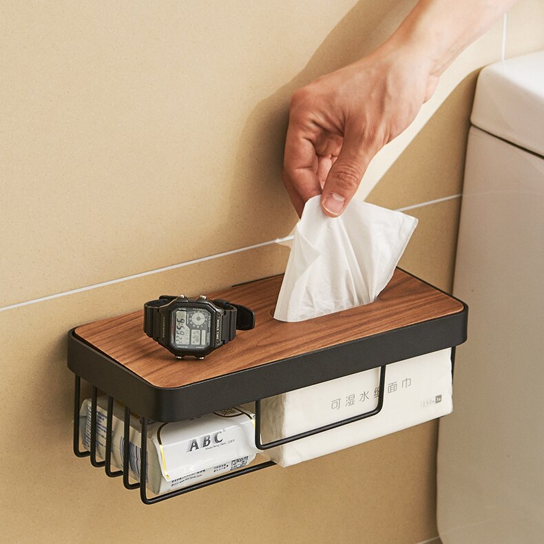 Luxury Toilet Paper Holder Wooden+ Metal Wall Mounted Bathroom Storage Shelf  Paper Holders Punch-Free Tissue Box Phone Holder - Provence Home Living Store