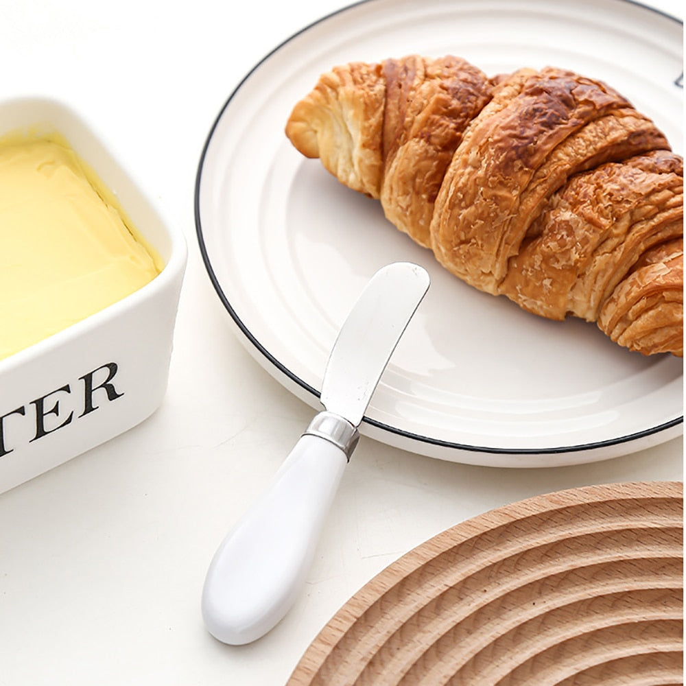 Ceramic Butter Sealing Box Nordic Butter Plate With Wood Lid And Knife Cheese Storage Tray Butter Dish Kitchen Storage Container - Provence Home Living Store