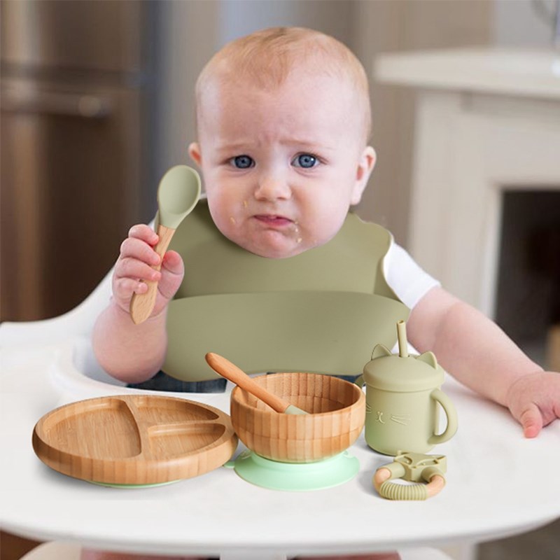 Silicone Baby Feeding Set Baby Feeding Supplies Kids Bamboo Dinnerware With Cup Children&#39;s Dishes Bowl Stuff Tableware Gifts Set - Provence Home Living Store