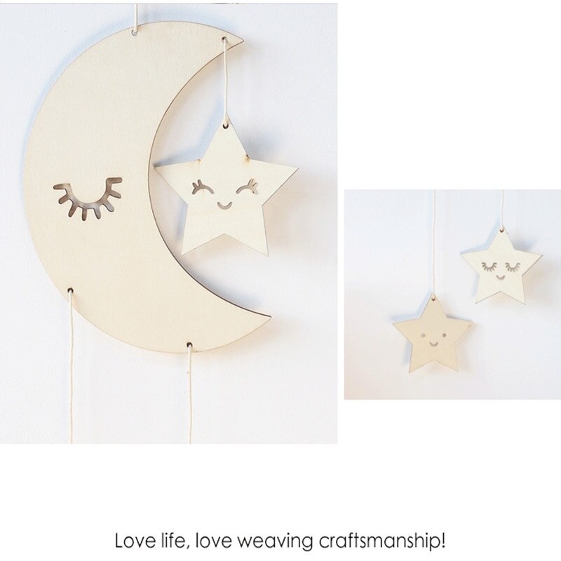 INS Nordic Wooden Moon Star Wall Hanging Pendant Wood Crafts Kids Room Decoration Ornament Baby Shower Nursery Decor Photo Props - Provence Home Living Store